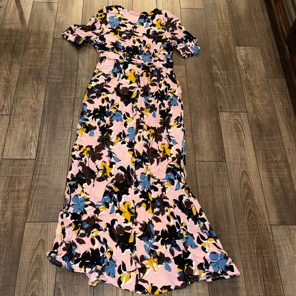 Motherhood Maternity Pink Floral V-Neck Wrap Maxi Dress Small Short Sleeve - Picture 2 of 7